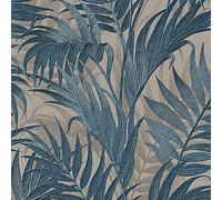 Design ID Wallpaper GR322108 Grace Tropical Palm Leaf Petrol Blue & Beige