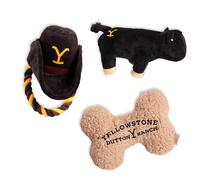 design LAB, Inc. Official Yellowstone Merchandise | Dutton Ranch Toy Bundle - Variety Gift Set | Toys Include Plush Cow, Bone Shaped Squeaky Plush, and Cowboy Hat with Tug Rope for Dogs