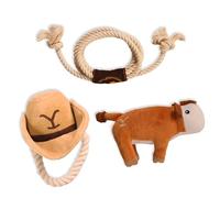 Design LAB Inc. Official Yellowstone Merchandise | Indoor Dog Toy Bundle Variety Gift Set | Lasso Rope, Plush Squeaky Brown Cow, and Cowboy Hat with Tug Rope