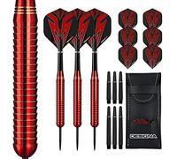 DESIGNA DARTS Mako | 24g Steel Tip Electro Brass Dart Set with Straight Barrel Including 6 Standard Flights, 6 Stems, Checkout Card and Storage Case, M1, Red