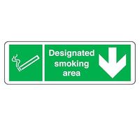 Designated Smoking Area arrow down - safety sign - 1.2mm Rigid plastic for indoor/outdoor usage (600mm x 200mm) Viewing Distance within 14m.