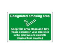 Designated smoking area keep this area clean - safety sign - High tack self-adhesive sticker (150mm x 100mm) Viewing Distance within 3m.