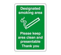 Designated smoking area please keep area clean and presentable thank you - safety sign - 1.2mm Rigid plastic for indoor/outdoor usage (200mm x 150mm) Viewing Distance within 5m.