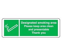 Designated Smoking Area Please Keep Area Clean And Presentable Thank You - safety sign - High tack self-adhesive sticker (300mm x 100mm) Viewing Distance within 5m.