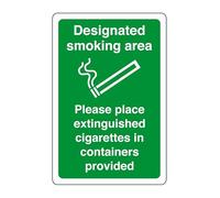 Designated smoking area please place extinguished cigarettes in containers provided - safety sign - High tack self-adhesive sticker (200mm x 150mm) Viewing Distance within 5m.