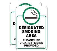 Designated Smoking Area, Please Use Cigarette Bins Provided Sign - 2 Pack - 10 x 7 Inches Rust Free .040 Aluminum - UV Protected, Waterproof, Weatherproof and Fade Resistant - 4 Pre-drilled Holes