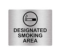 Designated Smoking Area Sign Adhesive Sticker Notice, Metallic SILVER Engraved Black with Universal Icon Symbol and Text (Size 120mm x 100mm) (Silver)