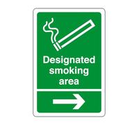 Designated smoking arrow right - safety sign, workplace safety, 1.2mm Rigid plastic for indoor/outdoor usage (300mm x 200mm) Viewing Distance within 7m.