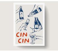 Designed By Lorna Cin Cin Happy Hour Kitchen Wall Art Print, A3 Size Unframed, Blue and Red Design