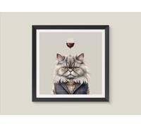 Designed By Lorna Persian Cat with Wine Glass Art Print, Unframed Wall Decor, Kitchen and Dining Room Artwork, Whimsical Cat Portrait (12x12 with Border Unframed)