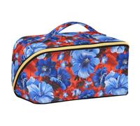Designed Cosmetic Bags Blue Flowers Red | with Dividers Portable Make Up Bags For Women,Vertical Free-Standing