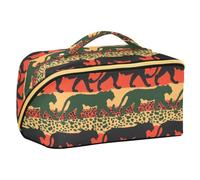 Designed Cosmetic Bags Red Green Leopard Panther Silhouettes | with Dividers Waterproof Large Make Up Bag,Vertical Free-Standing