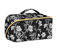 Designed Cosmetics Bag Retro Florals Black | with Dividers Portable Capacity Travel Cosmetic Bag,Vertical Free-Standing