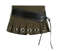 Designed European and American Style Mini Skirt with Leather Big Belt Street Punk Hottie New Pleated Skirt-Brown-L