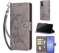 Designed for Samsung Galaxy A37 5G Case Wallet,Women Flip Folio Cover with Embossed PU Leather Stand Credit Card Holders Slots Wrist Strap Phone Case for Samsung A36 (Gray Flower)