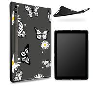 Designed for Samsung Galaxy Tab S7/S8 SM -X700/X706/T870/T875/T878 Case, Matte TPU Rubber Back with Daisy Black Butterfly, Slim Rubber Soft Silicone Cover with S Pen Holder