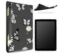 Designed for Samsung Galaxy Tab S8 Plus 2022 / S7 FE 2021 / S7 Plus 2020 12.4" Case, Matte TPU Rubber Back with Daisy Black Butterfly, Slim Rubber Soft Silicone Cover with S Pen Holder