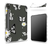 Designed for Samsung Galaxy Tab S8 Plus 2022/S7 FE 2021/S7 Plus 2020 12.4-inch Case with S Pen Holder, Transparent Back with Daisy Black Butterfly, Slim Soft TPU Shockproof Bumper Cover