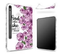 Designed for Samsung Galaxy Tab S9 FE 5G 10.9" 2023 Case with S Pen Holder, Transparent Back with Bible Purple Flower, Slim Soft TPU Shockproof Bumper Cover