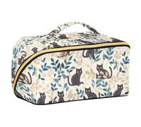 Designed Makeup Bag Black Cats Leaves | with Dividers Zipper Capacity Travel Cosmetic Bag,Vertical Free-Standing