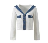 Designed Sailor Collar Lady Denim Patchworking Long Sleeve Single-Breasted Women Casual Knits Cardigan White S(US-4)