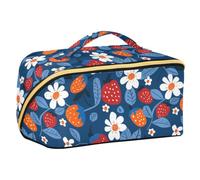 Designed Toiletry Bag Strawberry Flowers and Leaves | with Dividers Zipper Travel Cosmetic Bag For Women,Vertical Free-Standing