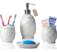 Designer 4-Piece Bathroom Accessory Set - Ceramic Bath Set w/Liquid Soap or Lotion Dispenser, Toothbrush Holder, Tumbler and Soap Dish - Decorative Set w/Embossed Details - Modern Vanity Accessories