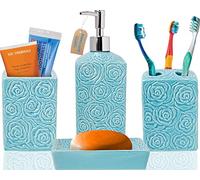 Designer 4-Piece Bathroom Accessory Set - Ceramic Bath Set w/Liquid Soap or Lotion Dispenser, Toothbrush Holder, Tumbler and Soap Dish - Decorative Set w/Embossed Details - Modern Vanity Accessories