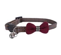 Rosewood Dogtooth Designer Cat Collar, Brown & Navy Tweed with Burgundy Bow, Breakaway Quick Release, Adjustable Safety Collar with Bell for Cats & Kittens, Stylish & Classic Cat Collar