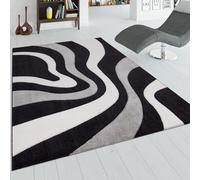 Designer Carpet With Contour Cut And A Wave Pattern In Black Grey And White