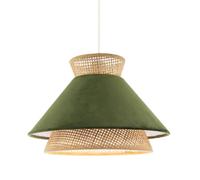 Designer Dark Olive Green Velvet and Natural Rattan Triple Tier Pendant Lighting Shade | 22cm x 30cm | Vintage Sleek Style by Happy Homewares