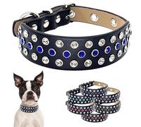 Designer Diamond Rhinestone Dog Collar - Fancy Bling Luxury Microfiber Leather Sparkly Cute Studded Adjustable Length for All Breeds Size S M L (Small 10"-14", Sapphire Blue | Clear White Crystals)
