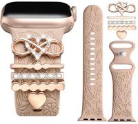 Designer Flower Engraved Strap with Charming Decoration Compatible with Apple Watch Straps Women 38mm 40mm 41mm 42mmm 44mm 45mm 46mm, Strap with Decoration for iWatch Series 11 10 9 8 7 6 5 4 SE