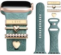 Designer Flower Engraved Strap with Charming Decoration Compatible with Apple Watch Straps Women 38mm 40mm 41mm 42mmm 44mm 45mm 46mm, Strap with Decoration for iWatch Series 11 10 9 8 7 6 5 4 SE