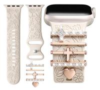 Designer Flower Engraved Strap with Charming Decoration Compatible with Apple Watch Straps Women 38mm 40mm 41mm 42mmm 44mm 45mm 46mm, Strap with Decoration for iWatch Series 11 10 9 8 7 6 5 4 SE