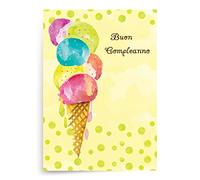 Designer Greetings Italian Language Happy Birthday Cards, Fun Colorful Ice Cream Design (Pack of 6 Cards with Green Envelopes / 6 biglietti di auguri e buste)