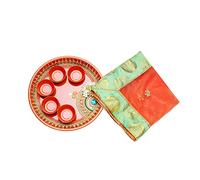 Designer Handcrafted Platter Engagement Plate Decorative Steel Puja Thali with Puja Thali Cover Essential Pooja Articles for Aarti Pooja Rituals Navratri Festival Decorations Gifting (Size:-10")
