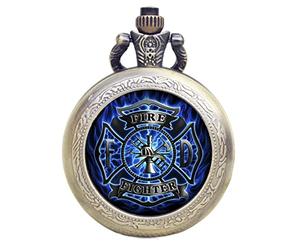 Designer Inspirations Boutique Blue Fireman/Firefighter Bronze Effect Antiqued/Vintage Case Men's Quartz Pocket Watch Necklace - On 32" Inch / 80cm Chain