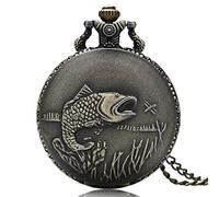 Designer Inspirations Boutique ® Fish/Fishing/Angling 3D Bronze Effect Antiqued/Vintage Case Men's Quartz Pocket Watch Necklace - On 32" Inch / 80cm Chain