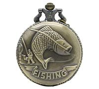 Designer Inspirations Boutique ® Fishing/Angling 3D Brushed Bronze Effect Antiqued/Vintage Case Men's Quartz Pocket Watch Necklace - On 32" Inch / 80cm Chain
