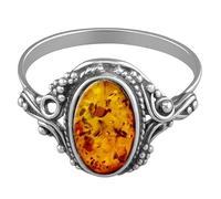Designer Inspirations Boutique Vintage Oval Baltic Amber Sterling Silver Ring in Ornate Victorian Setting for Women Ladies Girls - Honey Orange Cognac Amber Jewellery - Size L