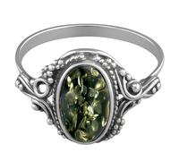 Designer Inspirations Boutique Vintage Oval Baltic Amber Sterling Silver Ring in Ornate Victorian Setting for Women Ladies Girls - Green Amber Jewellery - Size N