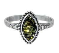 Designer Inspirations Boutique Vintage Rope-Edged Marquise Cut Green Amber Sterling Silver Ring With Ornate Shoulders for Women - Baltic Green Amber Jewellery - Size O