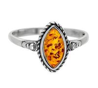 Designer Inspirations Boutique Vintage Rope-Edged Marquise Cut Honey Orange Amber Sterling Silver Ring With Ornate Shoulders for Women - Baltic Orange Amber Jewellery - Size Q