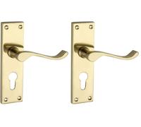 Designer Levers - Victorian Scroll Lever Door Handles - Polished Brass - 1 Pair - Euro - Locking Door Handle (Pack of 2)