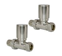 Designer Radiator Valves 15mm x 1/2" Satin Nickel Manual Straight Twin Pack