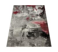 Designer Rug Contemporary Textured Canvas Mottled Grey Red Cream