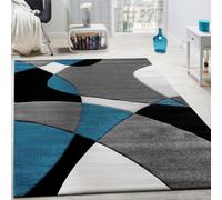 Designer Rug Modern Geometric Pattern Contour Cut In Turquoise Grey Black