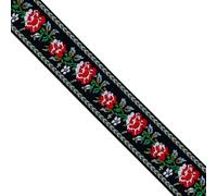 Designer’s Shop JR 766 Woven Jacquard Trim - 1-5/16" x 5 Yards - Red Floral Folk Pattern on Black - Decorative Ribbon for Costumes, Crafts, and Accessories
