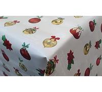 Designers 247 PVC Vinyl Decorative Gold Red Christmas Baubles Pudding Mistletoe Dining Wipe Clean Oilcloth Xmas Tablecloth (160cm x 140cm Rectangle (63" x 54" inches))
